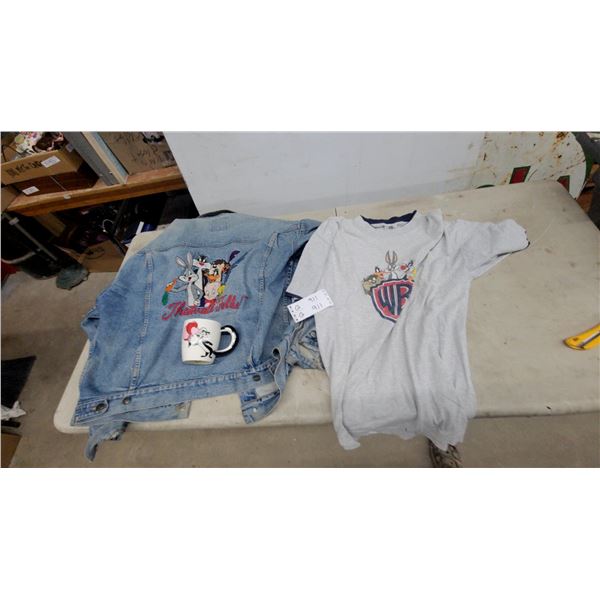 Looney Tunes Denim Jacket, WB Shield Graphic T-Shirt, and Porky Pig Ceramic Mug