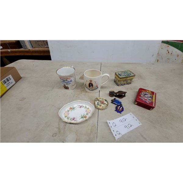 Royal Commemorative Lot: Queen Elizabeth II Tin, Mugs, Trinket Boxes, Loupe, Buttons and More