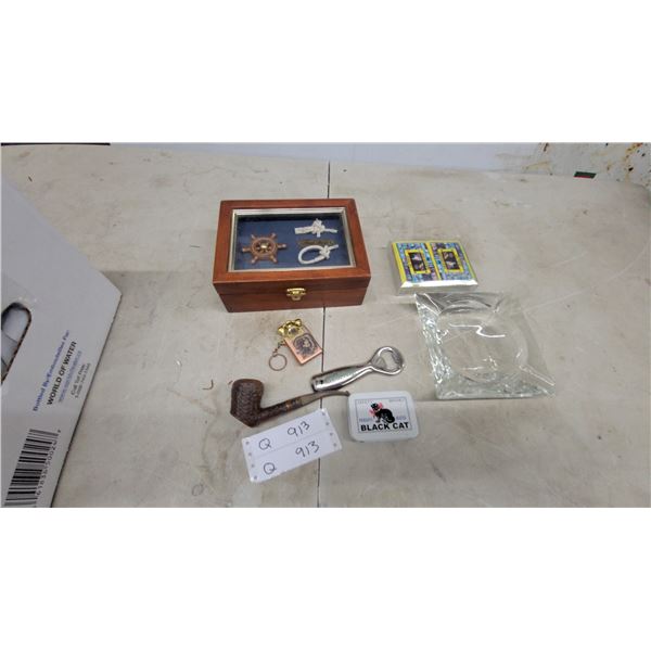 Smoking Pipe, Bottle Opener, Black Cat Matches Tin, Nautical Display, Ashtray and More
