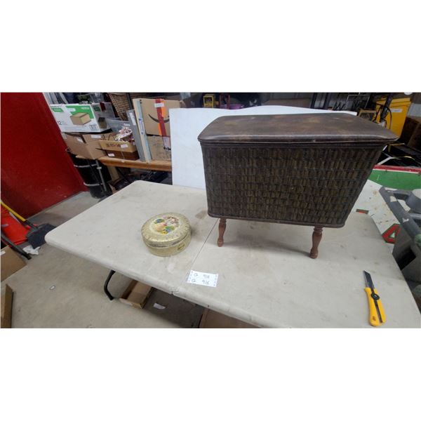 Vintage Woven Sewing Box Stand with Padded Faux Leather Hinged Lid and Turned Wooden Legs