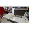 Image 1 : Vintage Woven Sewing Box Stand with Padded Faux Leather Hinged Lid and Turned Wooden Legs