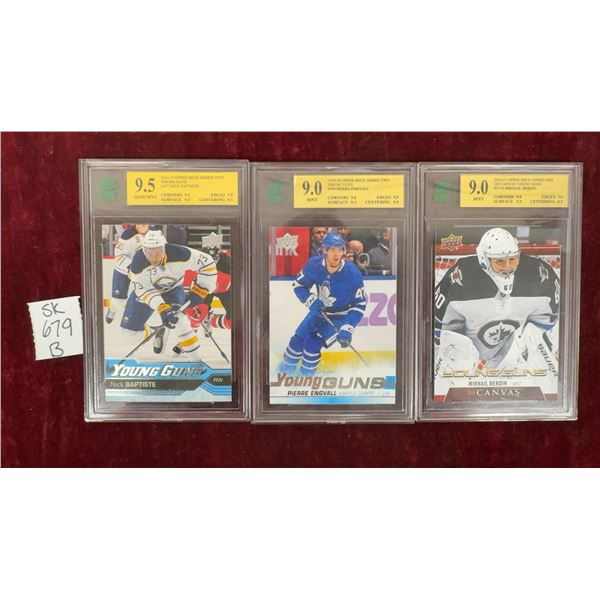 3 Graded Young Guns Rookie Cards, Nick Baptiste, Pierre Engvall, and Mikhail Berdin