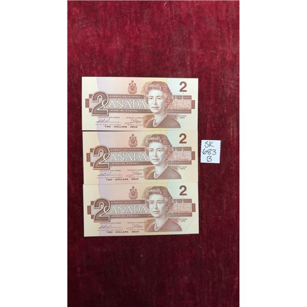 3 Uncirculated 1986 Canada $2 Bills