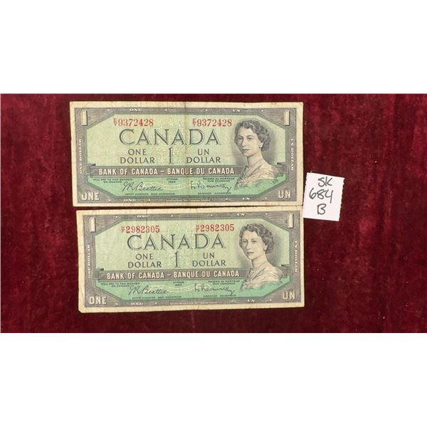 2 x 1954 Canada $1 Bills