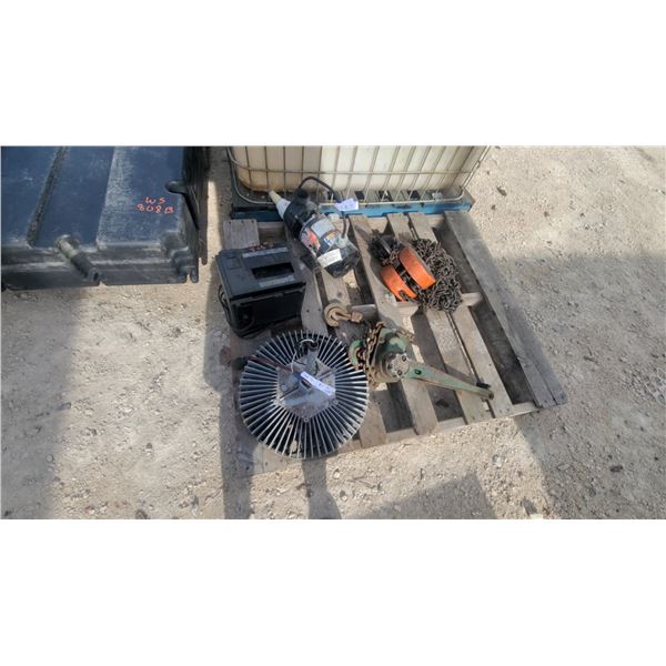Pallet of Chain Hoist, Lever Hoist, Heat Exchanger, Duracraft Power Inverter, Water Pump and More