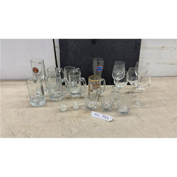 Assorted Glassware Including Wine Glasses, Beer Steins, Tumblers, Shot Glasses
