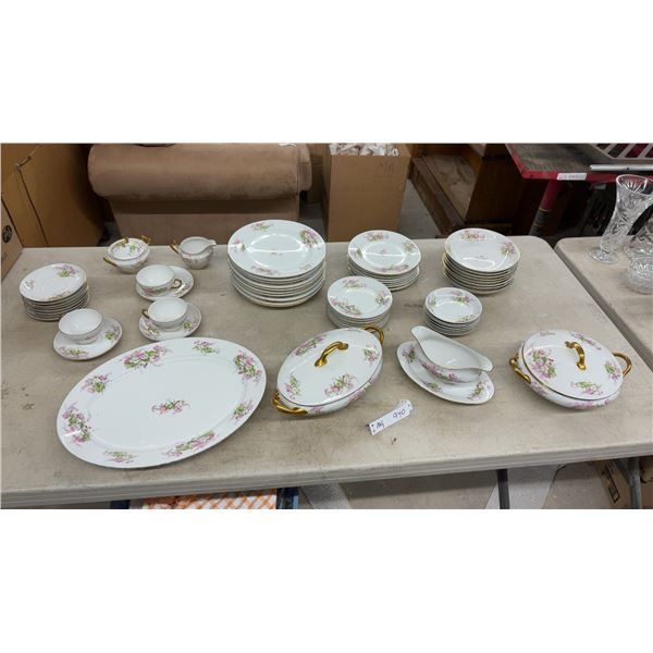 Vintage Limoges France Porcelain Dinnerware Set With Pink Floral and Gold Accent Pattern