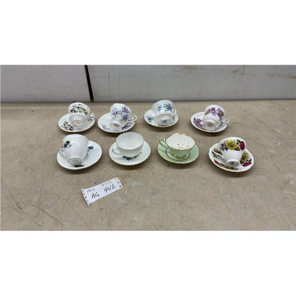 Collection of Eight Vintage Bone China Teacup and Saucer Sets with Floral Patterns