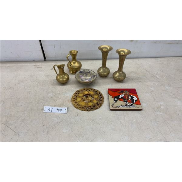 Brass Pitchers and Etched Vases, Cloisonné Bowl, Carved Hardstone Disc and Tussedre 1985 Tile