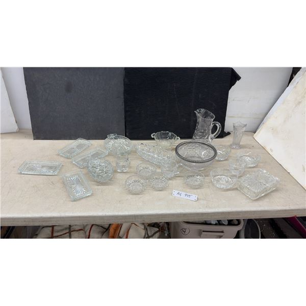 Lot of Mid-Century Clear Pressed Glass Serving Ware, Trays, Bowls, Pitcher, Vase, and More