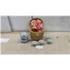 Image 1 : Chinese Jingdezhen Blue and White Porcelain Tea Set with Teapot, Four Cups, and Woven Basket.