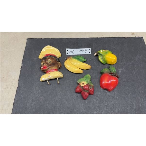 Vintage Black Americana Chef Wall Hook and Chalkware Fruit Wall Plaques, Set of Five ( Some Small