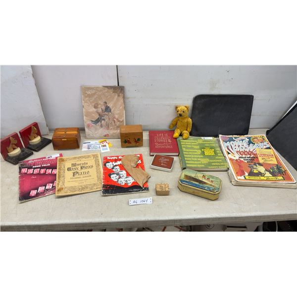 Vintage Collectibles Lot: Scottie Dog Bookends, Teddy Bear, Sheet Music, Recipe Box, and More