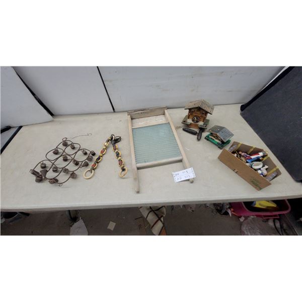 Vintage Wooden Washboard with Ridged Glass Scrubbing Surface, Bell Cluster, and More