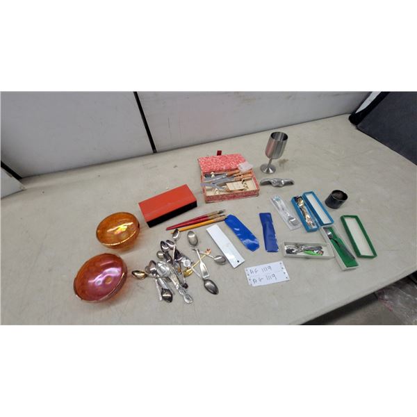 Carnival Glass Footed Bowls, Souvenir Spoons, Cutlery Set, Goblet and More