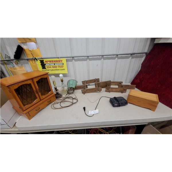 Wooden Wall Cabinet, Vintage Table Lamps, GE Autoset Clock Radio, Accordion Rack Jewery Box