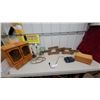 Image 1 : Wooden Wall Cabinet, Vintage Table Lamps, GE Autoset Clock Radio, Accordion Rack Jewery Box