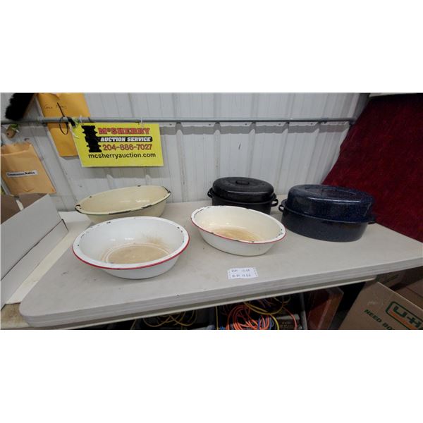 Vintage Enamelware Mixing Bowls and Oval Roasters with Lids