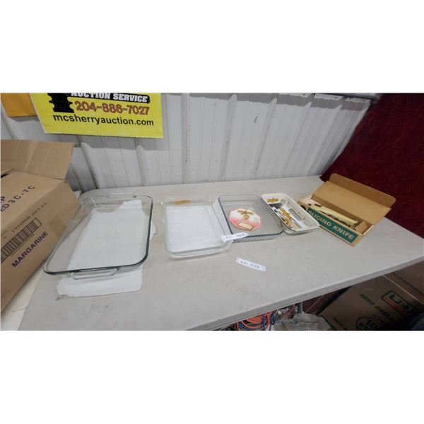 Pyrex Glass Baking Dishes, Marinex Loaf Pan and Tray, and General Electric Slicing Knife
