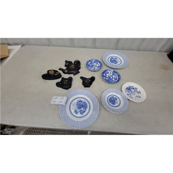 Blue and White Transferware Plates with Willow Pattern and Black Teapot Wall Plaques and More