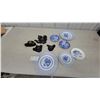 Image 1 : Blue and White Transferware Plates with Willow Pattern and Black Teapot Wall Plaques and More
