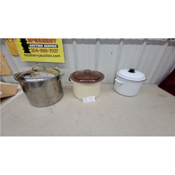 Stainless Steel Stockpot, Beige Enamelware Pot and White Enamelware Pot, All with Lids