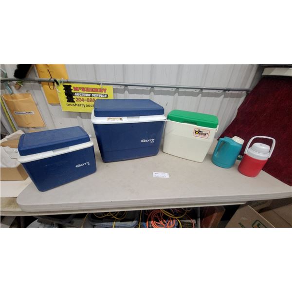 2 Gott 34 Quart Coolers, Oscar by Coleman Cooler, Blue Insulated Jug and Red Thermos