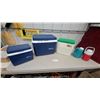 Image 1 : 2 Gott 34 Quart Coolers, Oscar by Coleman Cooler, Blue Insulated Jug and Red Thermos