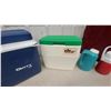 Image 4 : 2 Gott 34 Quart Coolers, Oscar by Coleman Cooler, Blue Insulated Jug and Red Thermos