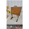Image 1 : Vintage Set of Folding TV Trays with Faux Wood Grain Tops and Brass-Tone Stand