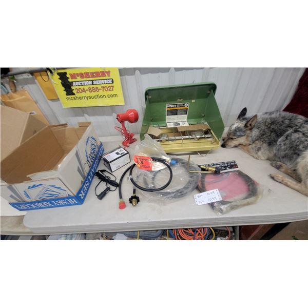 Coleman Green 2-Burner Propane Camp Stove, Propane Adapter Hose, Red Clamp Lamp and More