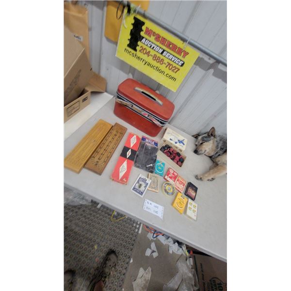 Vintage Red Vanity Case, Cribbage Boards, Playing Cards, Checkers and More