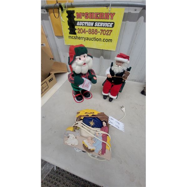 Animated Plush Santa With List, Musical Fiddle-Playing Santa in Rocker and Lighted Nativity Scene
