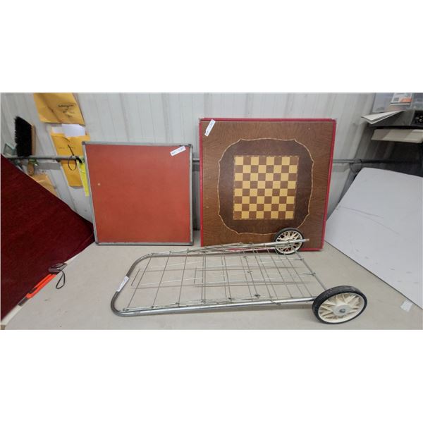 Vintage Wooden Chessboard, Red Metal-Framed Game Board table , and Foldable Wire Shopping Cart