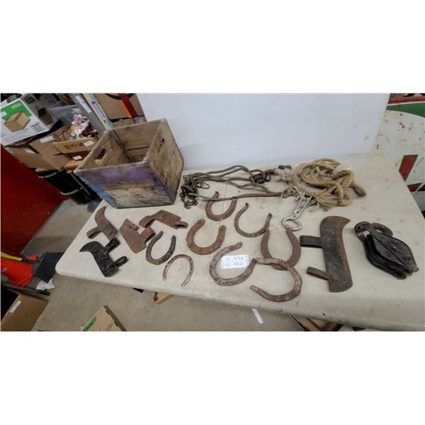 Antique Horseshoes, Two-Handled Drawknife, Cast Iron Pulley, Rope Halter and More