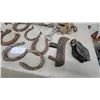 Image 2 : Antique Horseshoes, Two-Handled Drawknife, Cast Iron Pulley, Rope Halter and More