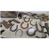 Image 3 : Antique Horseshoes, Two-Handled Drawknife, Cast Iron Pulley, Rope Halter and More