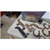 Image 4 : Antique Horseshoes, Two-Handled Drawknife, Cast Iron Pulley, Rope Halter and More
