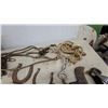 Image 5 : Antique Horseshoes, Two-Handled Drawknife, Cast Iron Pulley, Rope Halter and More