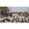 Image 6 : Antique Horseshoes, Two-Handled Drawknife, Cast Iron Pulley, Rope Halter and More