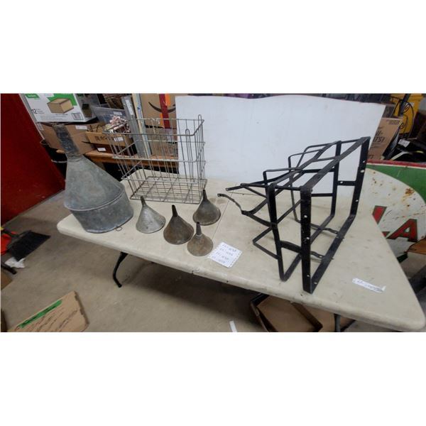 Vintage Galvanized Funnel, Four Tin Funnels, Two Wire Racks, and Black Metal Bicycle Cargo Rack