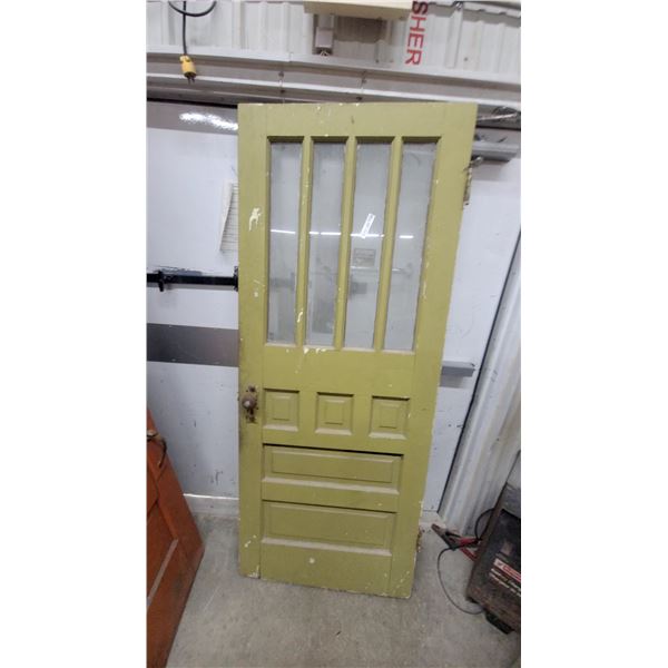 Antique Wooden Interior Door with 4 Glass Panes over 6 Panels, Green Painted Finish
