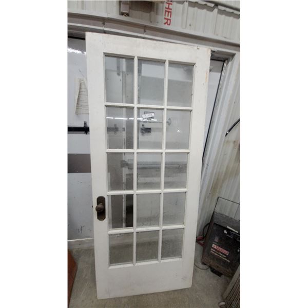 Vintage White-Painted 15-Light Wooden French Door with Antique Doorknob One Glass Panel Missing