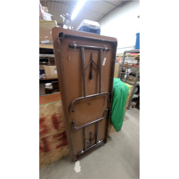 Brown Rectangular Folding Table with Wood-Grain Laminate Top and Metal Folding Legs 30 x 72"