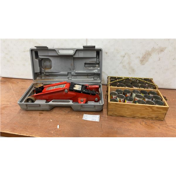 Floor Jack & Wood Box of Libby's Cans w/ Screws, Nails, & Fasteners