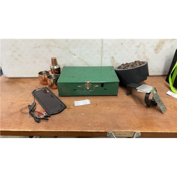 Coleman Model 421-D Camp Stove, Solar Panel Charger, Copper Mugs & Cocktail Shaker