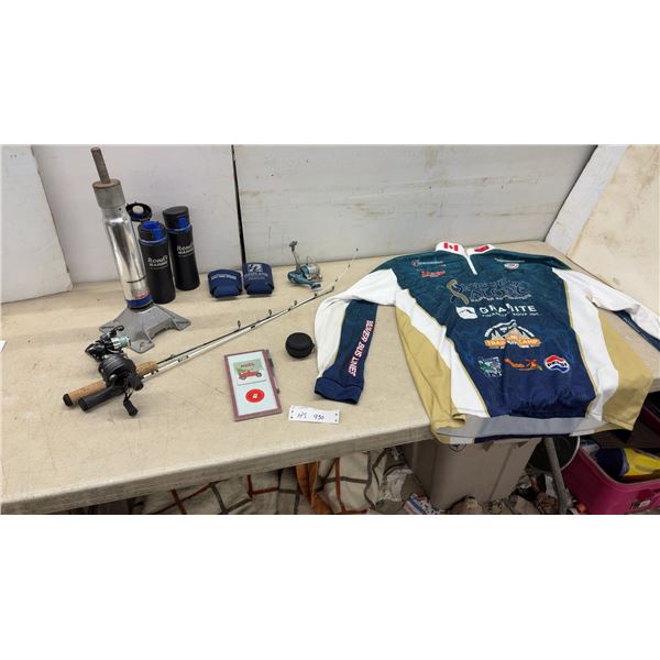 Spring Lock Boat Seat Pedestal, 2 Fishing Rods & 3 Reels, Rond's Marine Tumblers & Koozies, & More