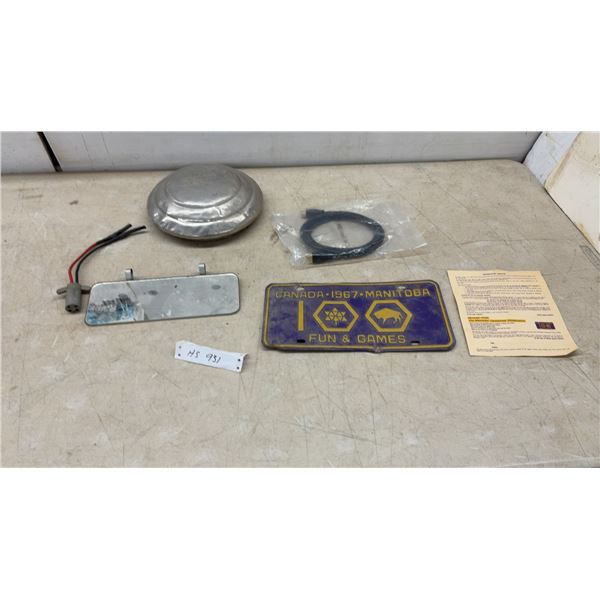 Vintage Ford Hubcap, 1967 Manitoba Centennial License Plate, Light Housing, and More
