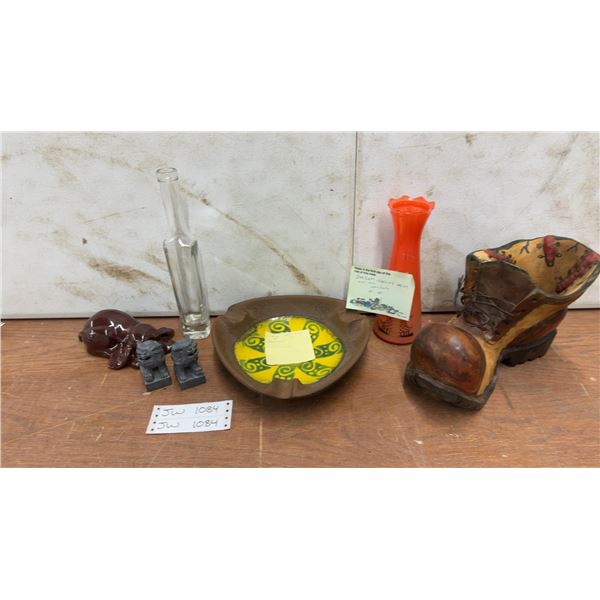 Assorted Decor: Pottery Ashtray, Orange Vase, Glass Bottle, Boot Planter, & More