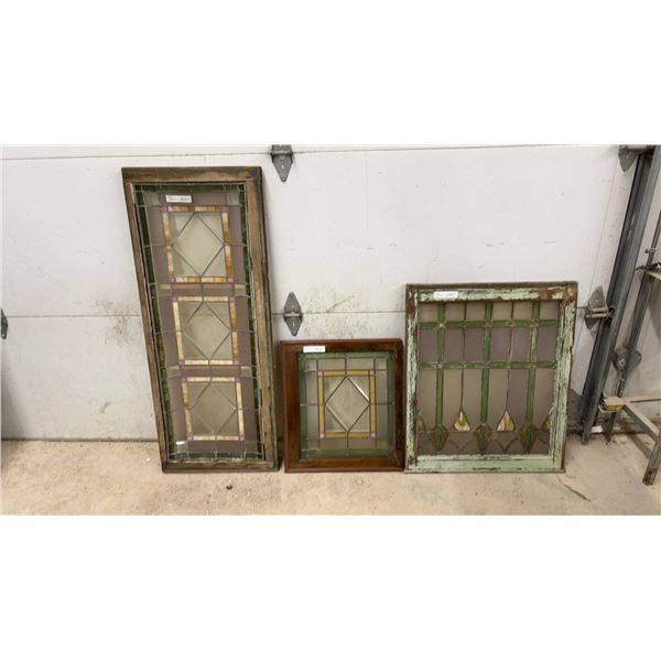 Three Stained Glass Panels: One Tall 48 x 19, One Square19-1/2 x 22, One Rectangular 31 x 25-1/2